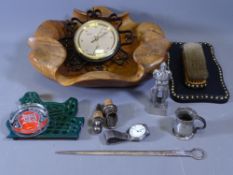 CARVED WALNUT BOWL & CONTENTS including a hallmarked silver skewer, pewter and white metal
