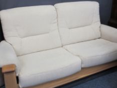 STYLISH LIGHT OAK EFFECT TWO SEATER SOFA, 92cms H, 190cms W, 92cms D