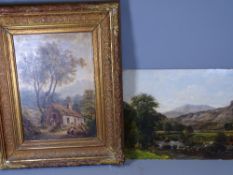 19TH CENTURY PRIMITIVE SCHOOL oil on board - landscape with river and fishermen, and bearing