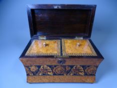 WAISTED FORM TUNBRIDGE WARE TEA CADDY, satinwood and burr walnut with Rosewood interior, twin-lidded