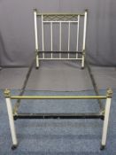 ANTIQUE PAINTED METAL & BRASS BED FRAME, 117cms H, 93cms W, 207cms D