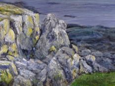 MAVIS GWILLIAM acrylic on canvas - rocky coastal Anglesey sea scape, signed, 60 x 75cms