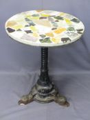 CAST IRON TRIPOD TABLE BASE with a multi-coloured stoneware top, 79cms H, 61cms Diameter
