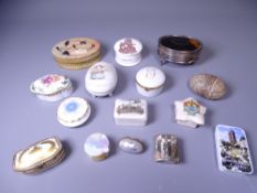 PORCELAIN & OTHER PILL/TRINKET BOXES, a collection to include a hallmarked silver and tortoise shell