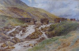 CHARLES TOPHAM DAVIDSON watercolour - river falls and bridge with cattle and drover near Capel