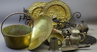 VINTAGE HAND CLAXON, motor foot pumps, brass preserve pan and other metalware