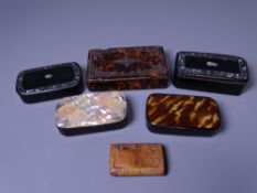 VICTORIAN SNUFF BOXES (6), some with content, five being papier mache with inlay and other
