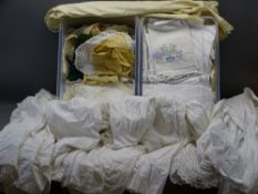 ANTIQUE & LATER CHRISTENING GOWNS, table and household linen (within 2 lidded crates and a box)