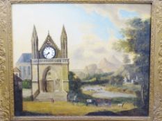 19TH CENTURY CLOCK PICTURE oil on canvas - depicting figures and livestock before a church with