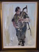 WILLIAM SELWYN oil on canvas - standing farmer with sickle, signed, 34 x 24cms