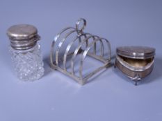 SMALL SILVER, THREE ITEMS to include a four-section toast rack, Birmingham 1925, maker Deakin &