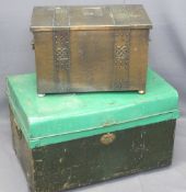 'ARTS & CRAFTS' STYLE COPPER COAL BOX, 35cms H, 54cms W, 31cms D and a metal trunk