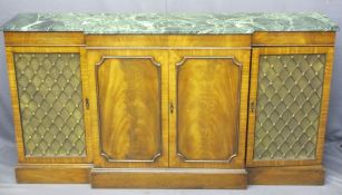 A FINE QUALITY REPRODUCTION BREAKFRONT CREDENZA with marble top and grill doors to the sides,
