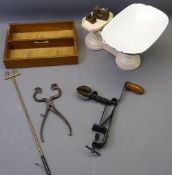 KITCHENALIA - a collection including enamel scales, oak cutlery rack, lemon squeezer, sugar cutter