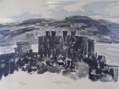 SIR KYFFIN WILLIAMS RA colourwash limited edition (59/500) print - Conwy Castle and Town roof