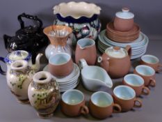 LANGLEY TABLE WARE, Jackfield type and other teapots, drip ware jug, Satsuma vases ETC