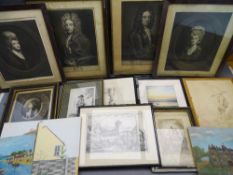 FRAMED ANTIQUE PRINTS, PICTURES & UNFRAMED PAINTINGS, a quantity including an early example of '