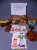 TREEN BOXES (6) including a walnut example depicting George III, the border with the words 'George