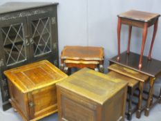 VINTAGE PINE POT CUPBOARD, quantity of occasional tables, display cabinet with leaded glass doors
