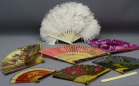 OSTRICH FEATHER & OTHER FOLDING FANS (7) and an ivory page turner