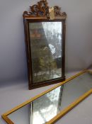 ANTIQUE MAHOGANY WALL MIRROR and a modern teak example, 82 x 44cms and 122 x 31cms respective