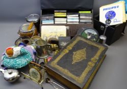 VINTAGE OAK BISCUIT BARRELS, cased quantity of 45rpm records and cassette tapes with a Victorian