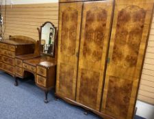 BURR WALNUT CROSSBANDED BEDROOM SUITE comprising triple wardrobe, 211cms H, 160cms W, 62cms D,