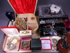 VINTAGE & LATER COSTUME JEWELLERY, WATCHES, jewellery boxes and two Swarovski crystal owls