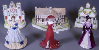 COALPORT COTTAGES & FIGURINES, six pieces to include Grace, Beau Monde Lynne, Debutante Gina, Park