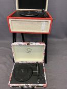 REPRODUCTION RETRO STYLE FREE STANDING TURNTABLE and a cased example E/T