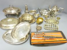 THREE PIECE TEASET, entree dishes and other items of EPNS metalware (within 2 boxes)