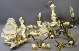 FRENCH STYLE WOODEN & BRASS CHANDELIERS & WALL LIGHTS, a quantity