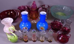 CRANBERRY, ART DECO & OTHER COLOURFUL GLASSWARE with a set of four Dutch girls and boy moulded
