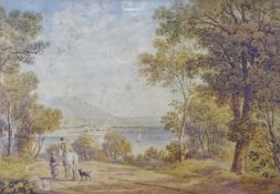 ANTHONY VANDYKE COPLEY FIELDING watercolour - lake scene with trees and figure on a horse with