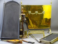 VINTAGE BRASS, OAK & LATER SCREENS & FIRESIDE IRONS ETC
