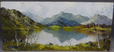 CHARLES WYATT WARREN unframed oil on board - a Snowdonia lake with silver birch trees to the fore,