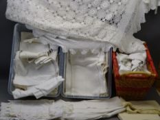 ANTIQUE & LATER HOUSEHOLD LINEN ETC (within 2 lidded plastic crates and a basket)