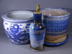 LARGE STONEWARE POTTERY PLANTER & STAND with similar pattern table lamp, Anvil pottery, made in