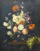R WHAITE oil on canvas - fine quality still life of flowers in a glass vase with window reflection
