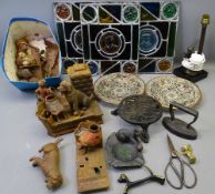 THREE UNFRAMED STAINED GLASS LEADED WINDOW PANELS, two Coalbrookdale pierced wall plaques with a