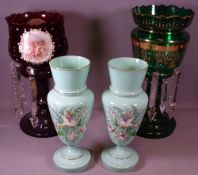 TWO VICTORIAN GLASS LUSTRES and a pair of enamel decorated Milk glass vases