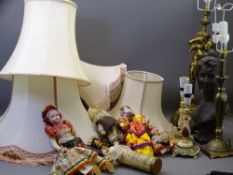 FIVE MODERN DECORATIVE TABLE LAMPS & FOUR SHADES, vintage type dolls, a quantity