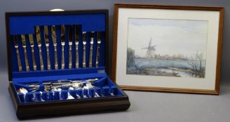 H HUGHES-WILLIAMS print - Melin Llynon (Anglesey Wind Mill), 36 x 35cms and a part canteen of Angora