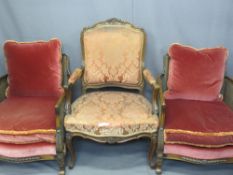 FRENCH ANTIQUE STYLE ELBOW CHAIR and a pair of bergere armchairs