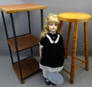 MODERN JANE DAVIES PORCELAIN HEADED DOLL in vintage style clothing, 70cms L, a three-tier wooden and