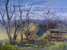 MODERN ENGLISH/WELSH SCHOOL acrylic on canvas - tree scape by a fence, unsigned and entitled