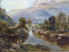 LLOYD oil on canvas - depicting a fisherman and figures beside a river with arched bridge and