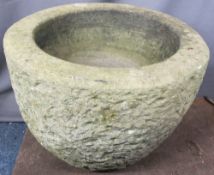 LARGE STONE MORTAR/GRINDING VESSEL ORNAMENTAL GARDEN ITEM, 40cms H, 58cms Diameter