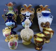 VICTORIAN POTTERY DECORATIVE VASES, a quantity, three pairs with others
