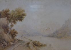 ANTHONY VANDYKE COPLEY FIELDING watercolour - lake scene with two figures fishing on a track, signed